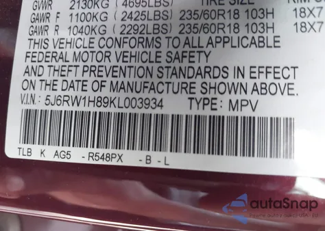 2019 Honda Cr-V Ex-L from USA, damaged, VIN 5J6RW1H89KL003934
